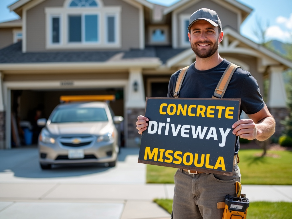 A concrete contractor standing outside a concrete driveway in Missoula, holding a sign