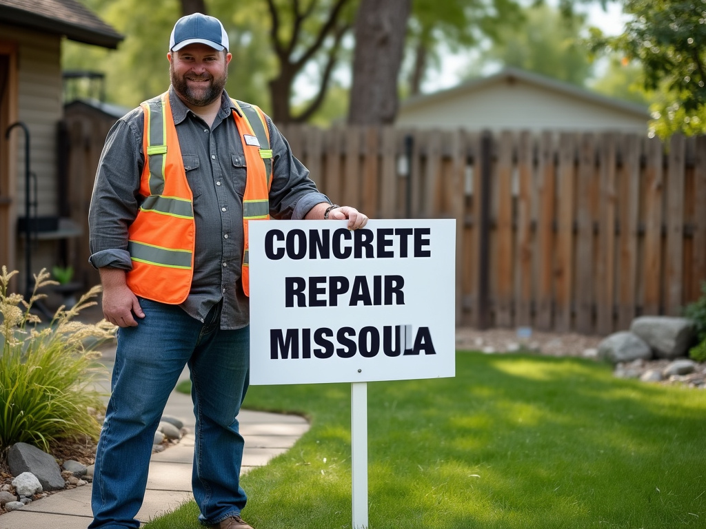 a contractor holding a sign in the backyard about concrete repair