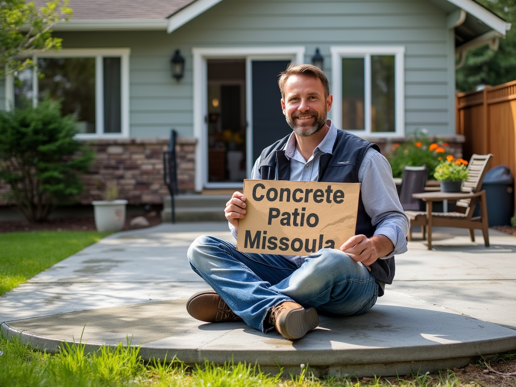 a concrete contractor sitting on a patio in Missoula, holding a sign