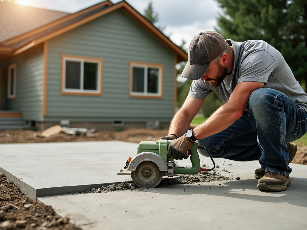 a contractor cutting concrete in the backyard in Missoula MT